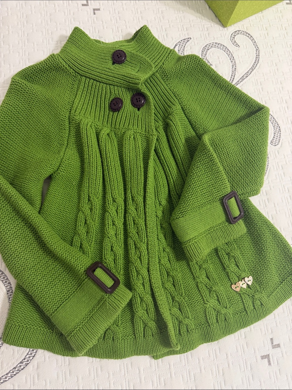 Girls' Green Cable-Knit Pea Coat with Button Accents